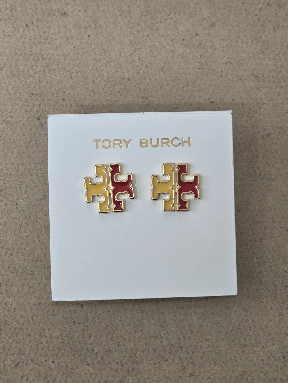 Tory Burch Gold Logo Stud Earrings with Red and Yellow Enamel